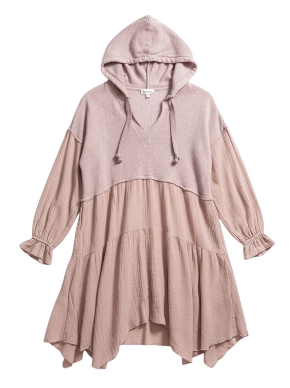 & Merci Women's Tunic Dress L Dusty Rose Hooded Boho Tiered Mixed Media